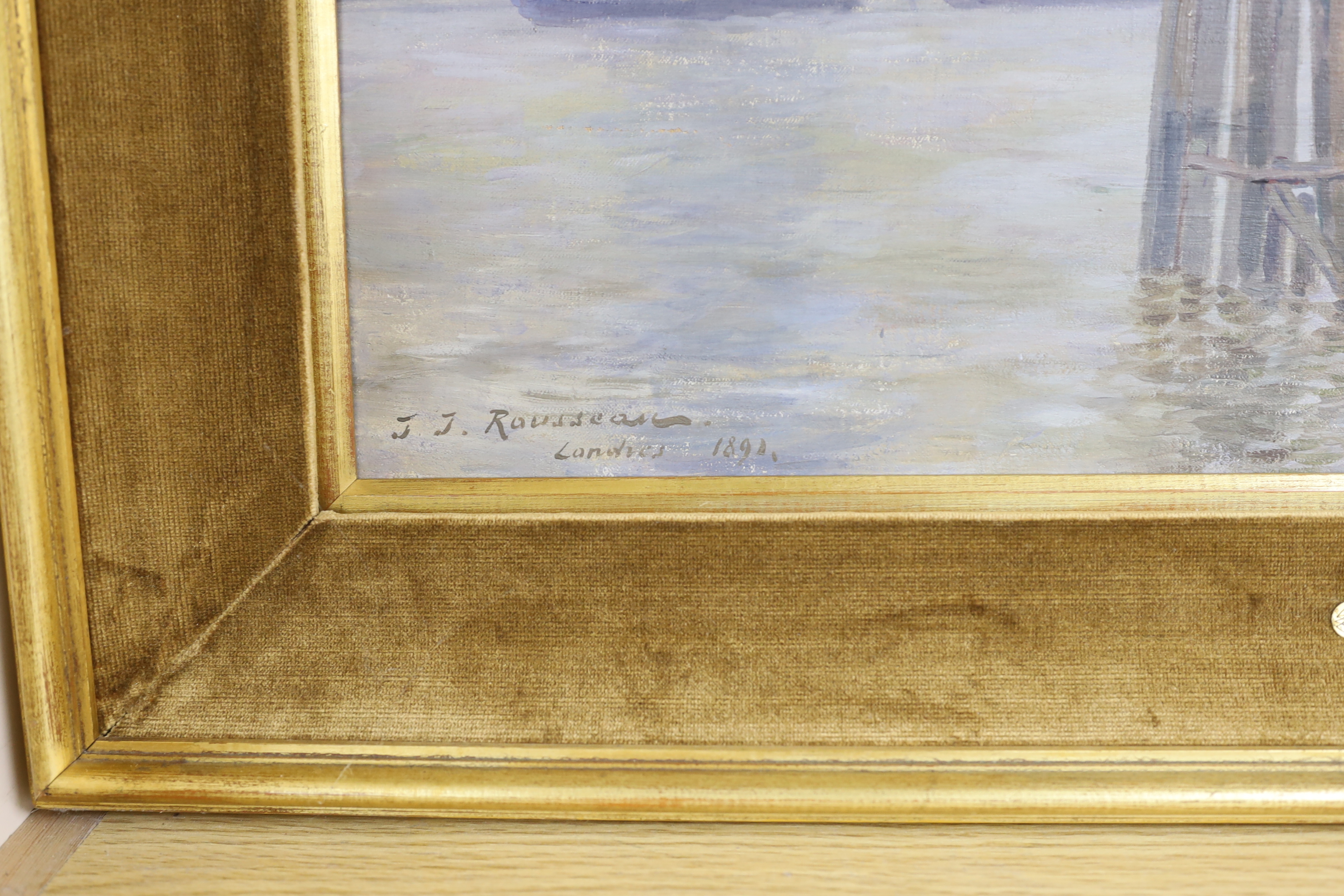 Jean-Jacques Rousseau (French, 1861-1911), oil on canvas, ‘Londres 1891’, The Houses of Parliament from The Thames, signed and dated lower left 1891, 44 x 59cm, applied plaque to the frame